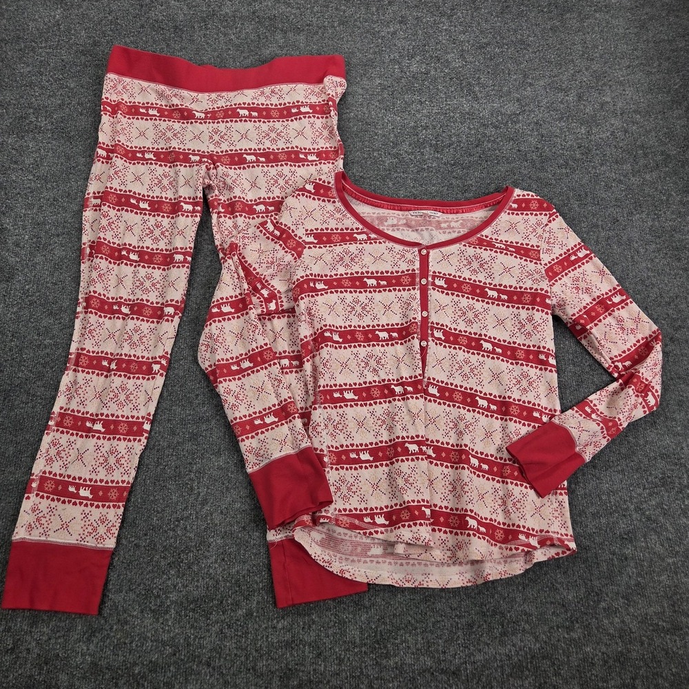 Victoria's Secret Pajama Set Womens XL Red Fair Isle Polar Bear Christmas Henley